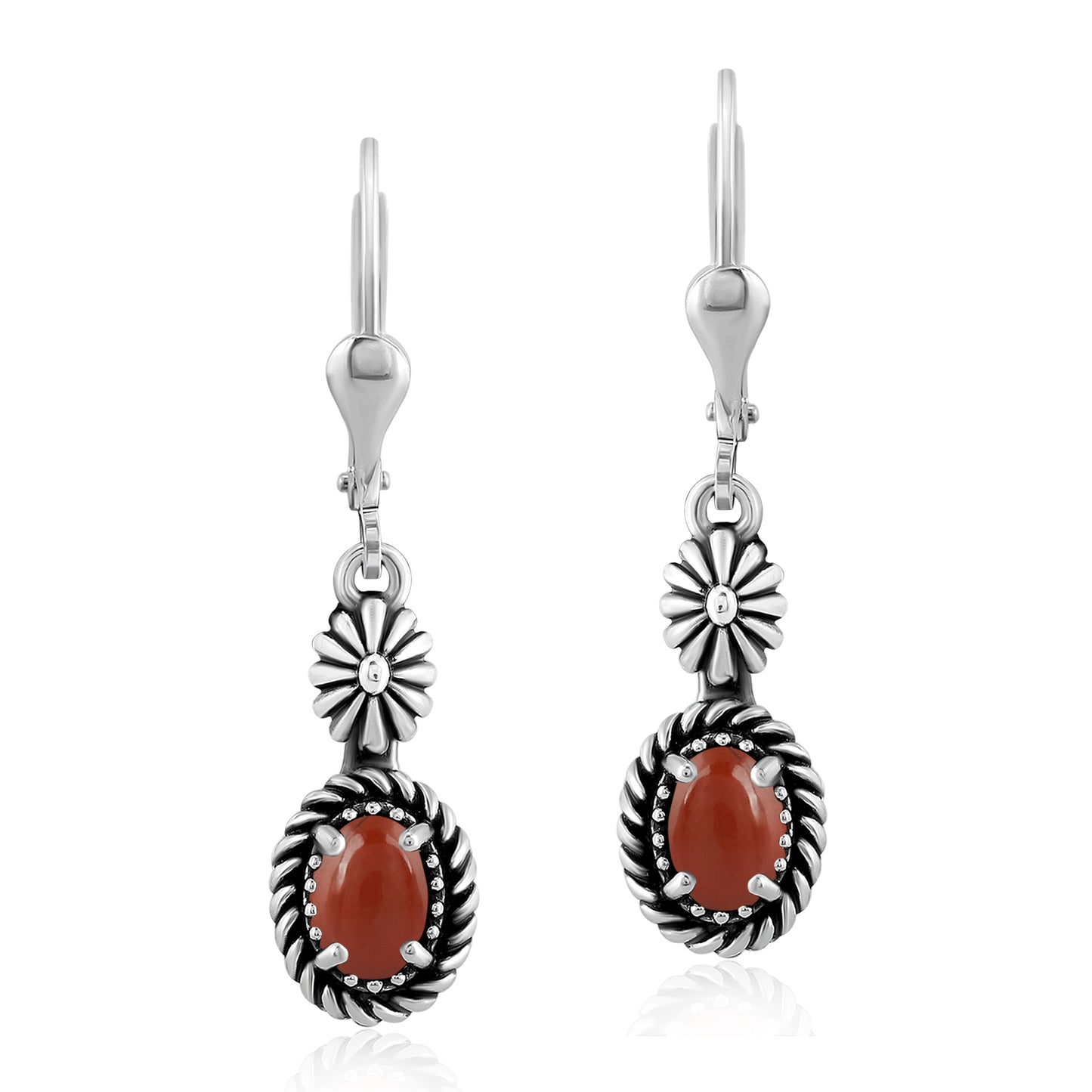 EXCLUSIVELY OURS! Sterling Silver Red Onyx Floral and Rope Design Dangle Earrings