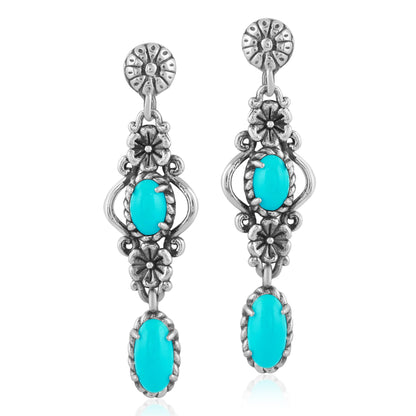 Sterling Silver Sleeping Beauty Turquoise Gemstone Floral Dangle Earrings