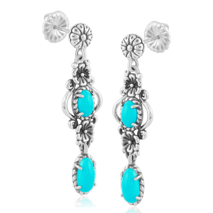 Sterling Silver Sleeping Beauty Turquoise Gemstone Floral Dangle Earrings