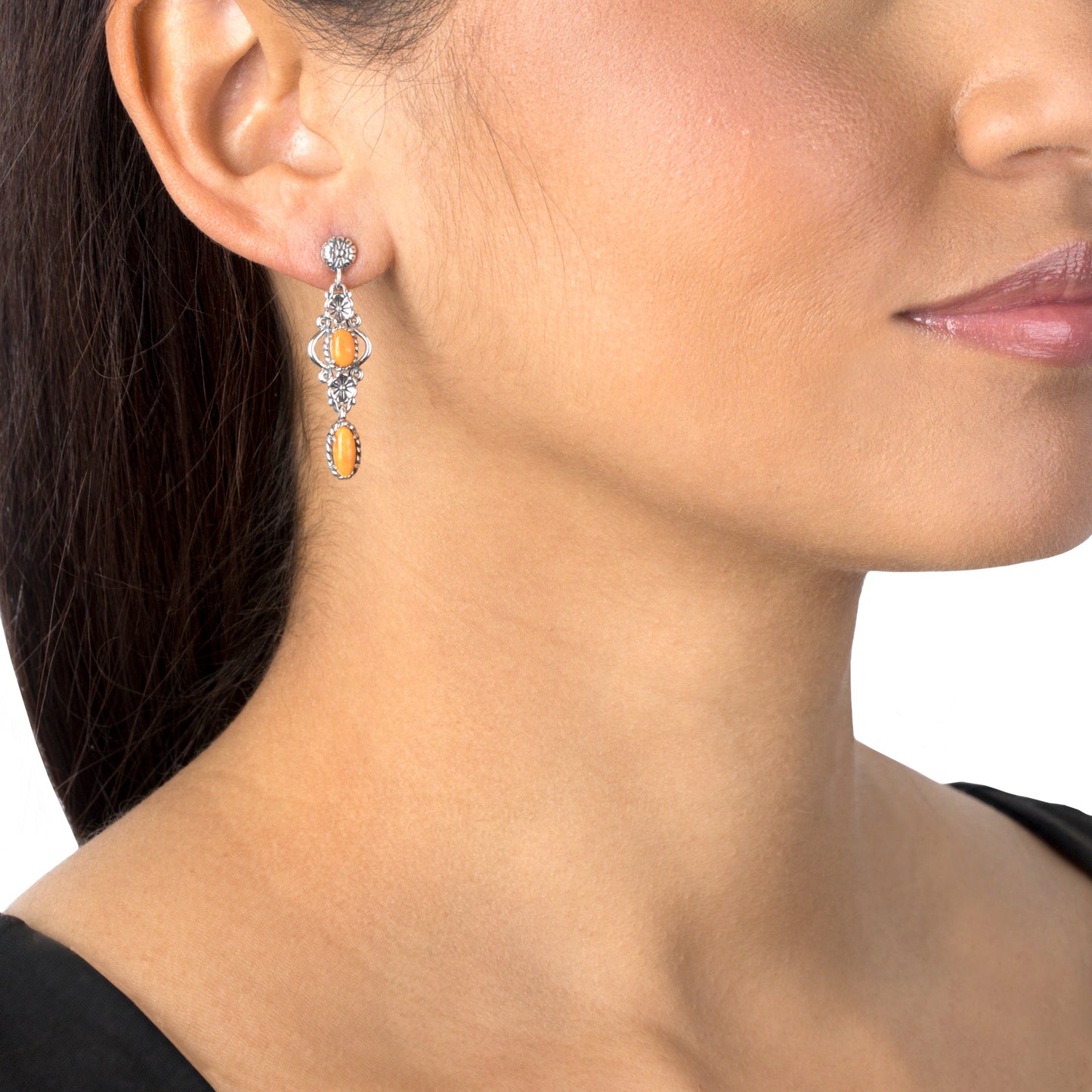 EXCLUSIVELY OURS! Sterling Silver Orange Spiny Oyster Gemstone Floral Dangle Earrings