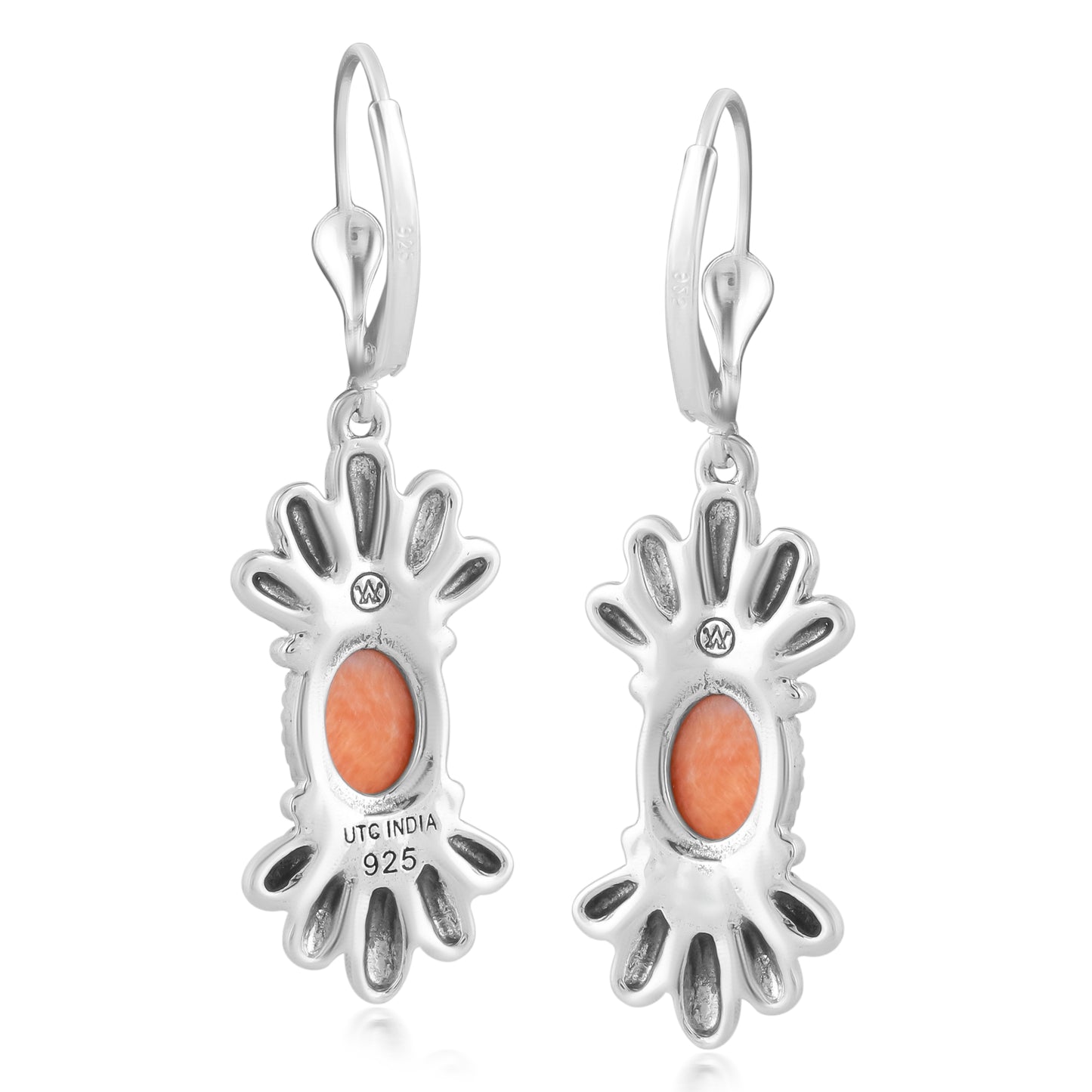 Sterling Silver Orange Spiny Oyster Gemstone Dangle Earrings