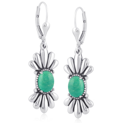 Sterling Silver Green Turquoise Fan Design Dangle Earrings