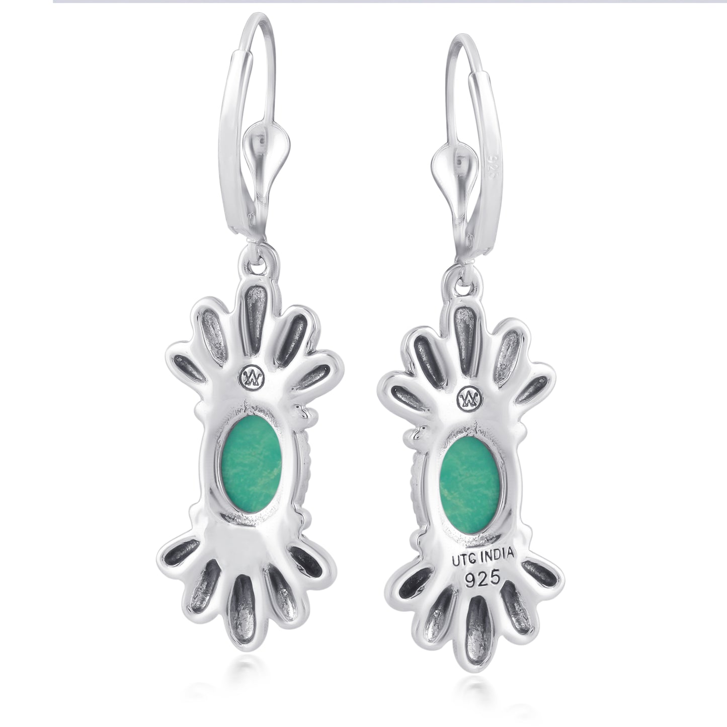 Sterling Silver Green Turquoise Fan Design Dangle Earrings