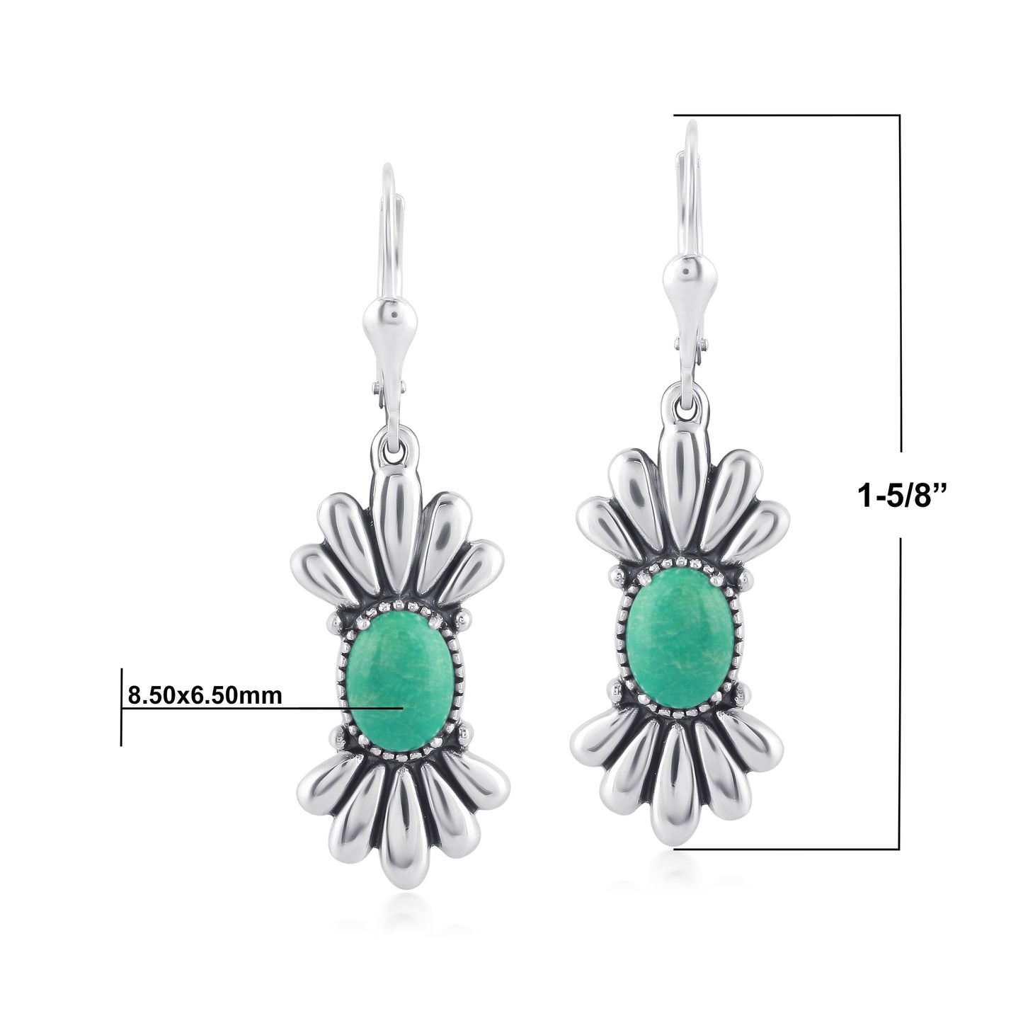 Sterling Silver Green Turquoise Fan Design Dangle Earrings