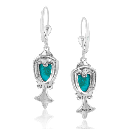 Sterling Silver Genuine Chrysocolla Squash Blossom Dangle Earrings