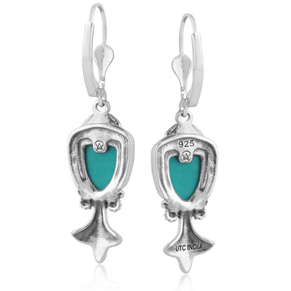 Sterling Silver Green Turquoise Arrowhead Gemstone Squash Blossom Dangle Earrings