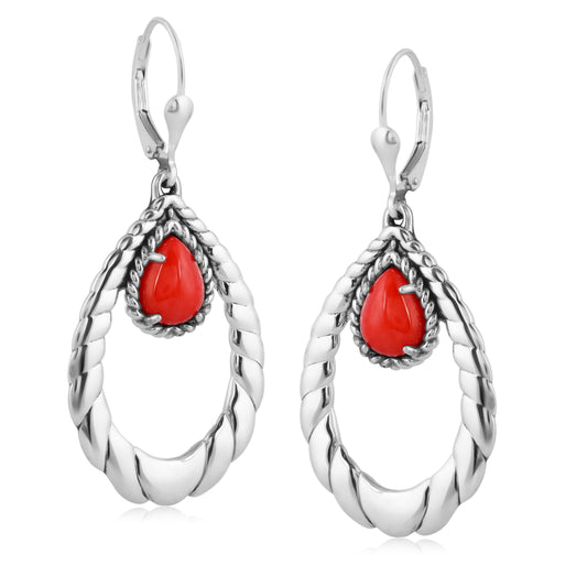 Genuine Red Coral Sterling Silver Pear Shape Lever Back Earrings