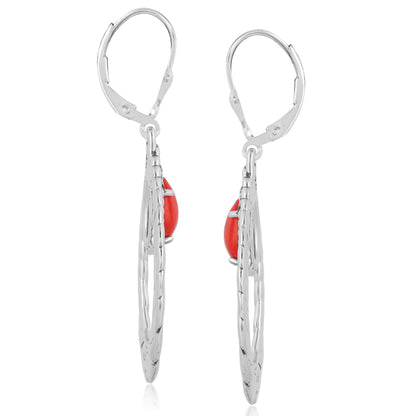 Genuine Red Coral Sterling Silver Pear Shape Lever Back Earrings