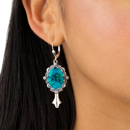 Sterling Silver Chrysocolla Gemstone Squash Blossom Earrings