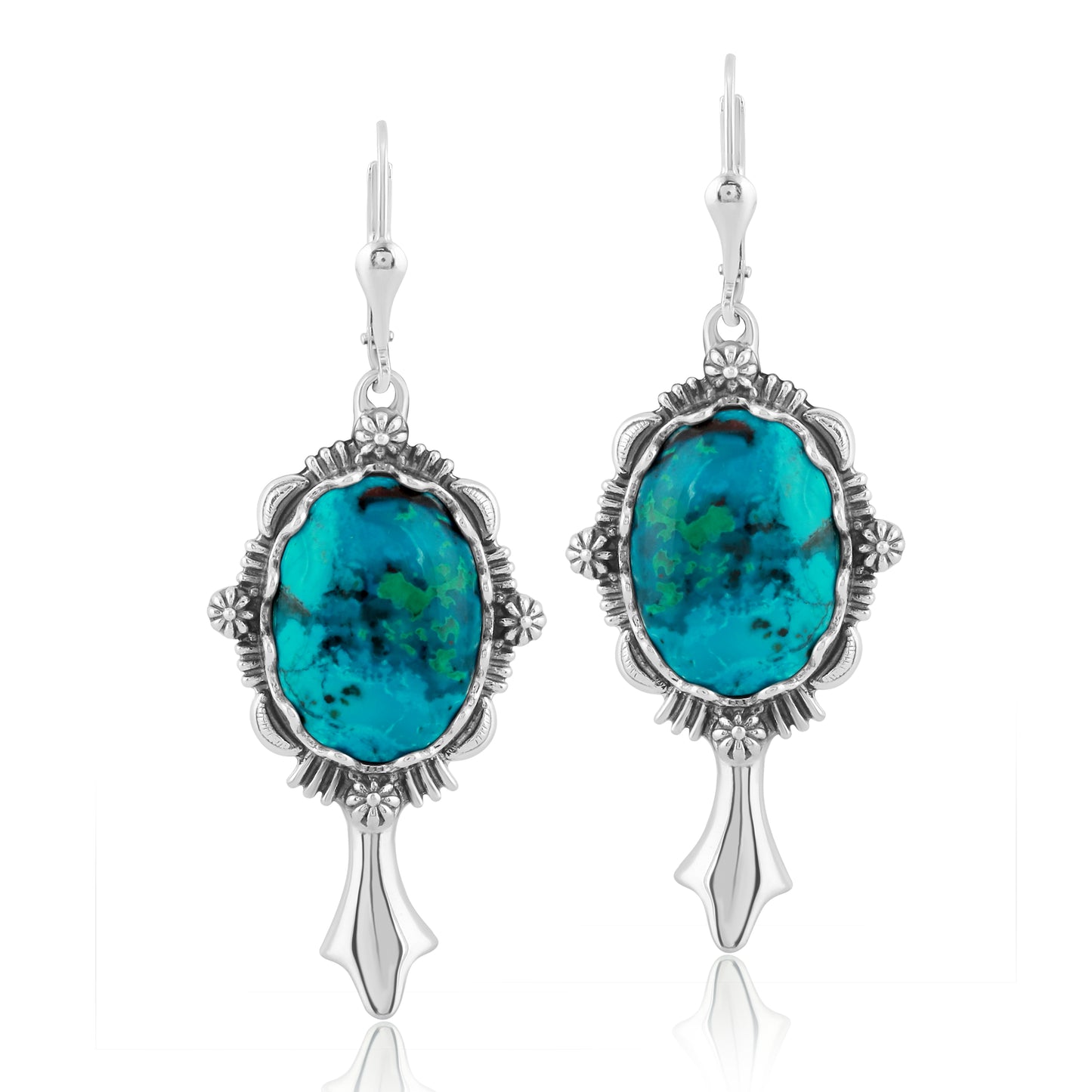 Sterling Silver Chrysocolla Gemstone Squash Blossom Earrings