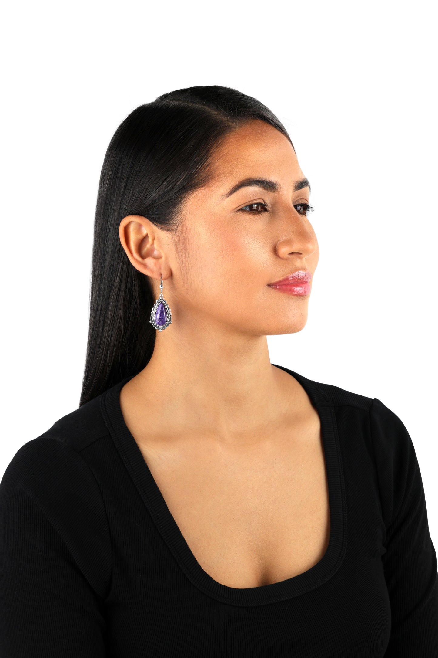 EXCLUSIVELY OURS! Sterling Silver Charoite Pear-Shaped Dangle Earrings