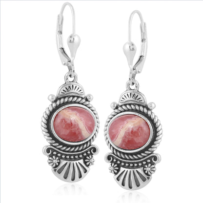 Sterling Silver Oval Rhodochrosite Rope and Fan Design Dangle Earrings