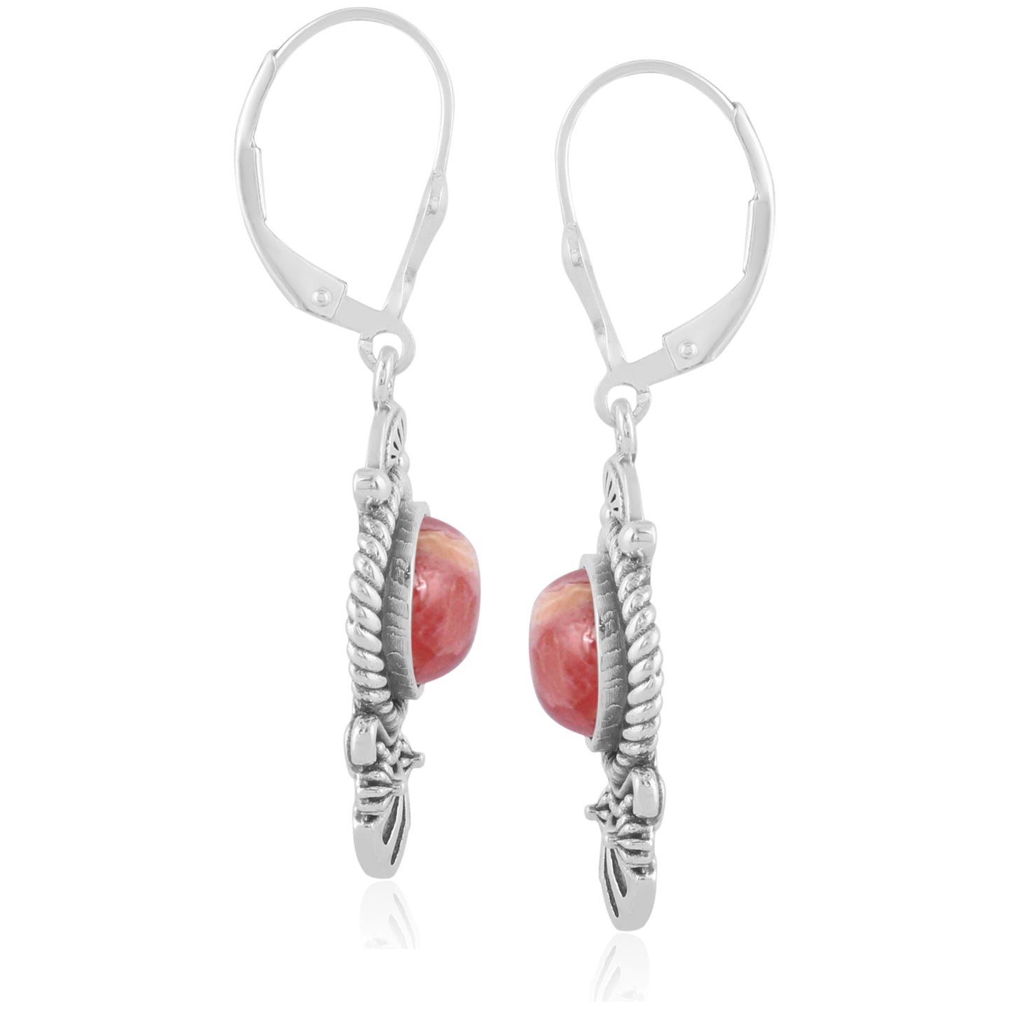 Sterling Silver Oval Rhodochrosite Rope and Fan Design Dangle Earrings
