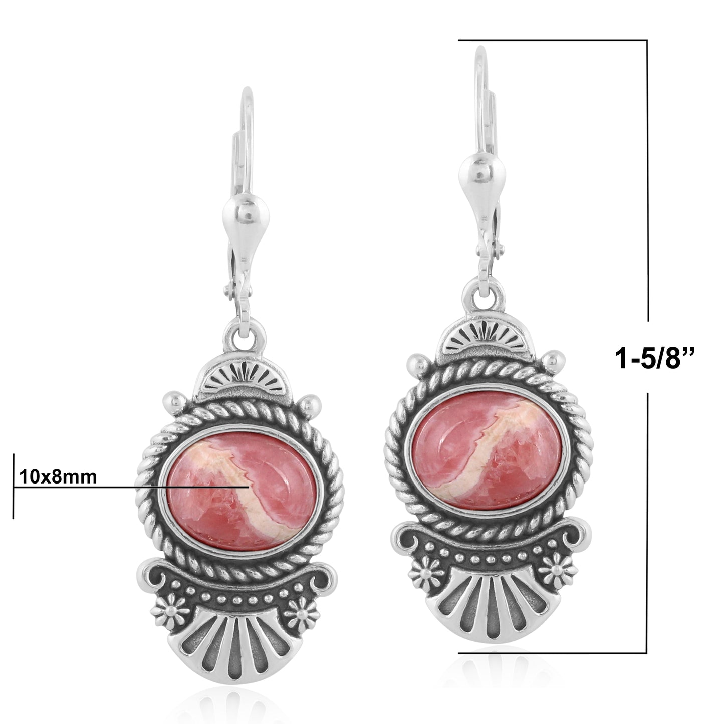 Sterling Silver Oval Rhodochrosite Rope and Fan Design Dangle Earrings