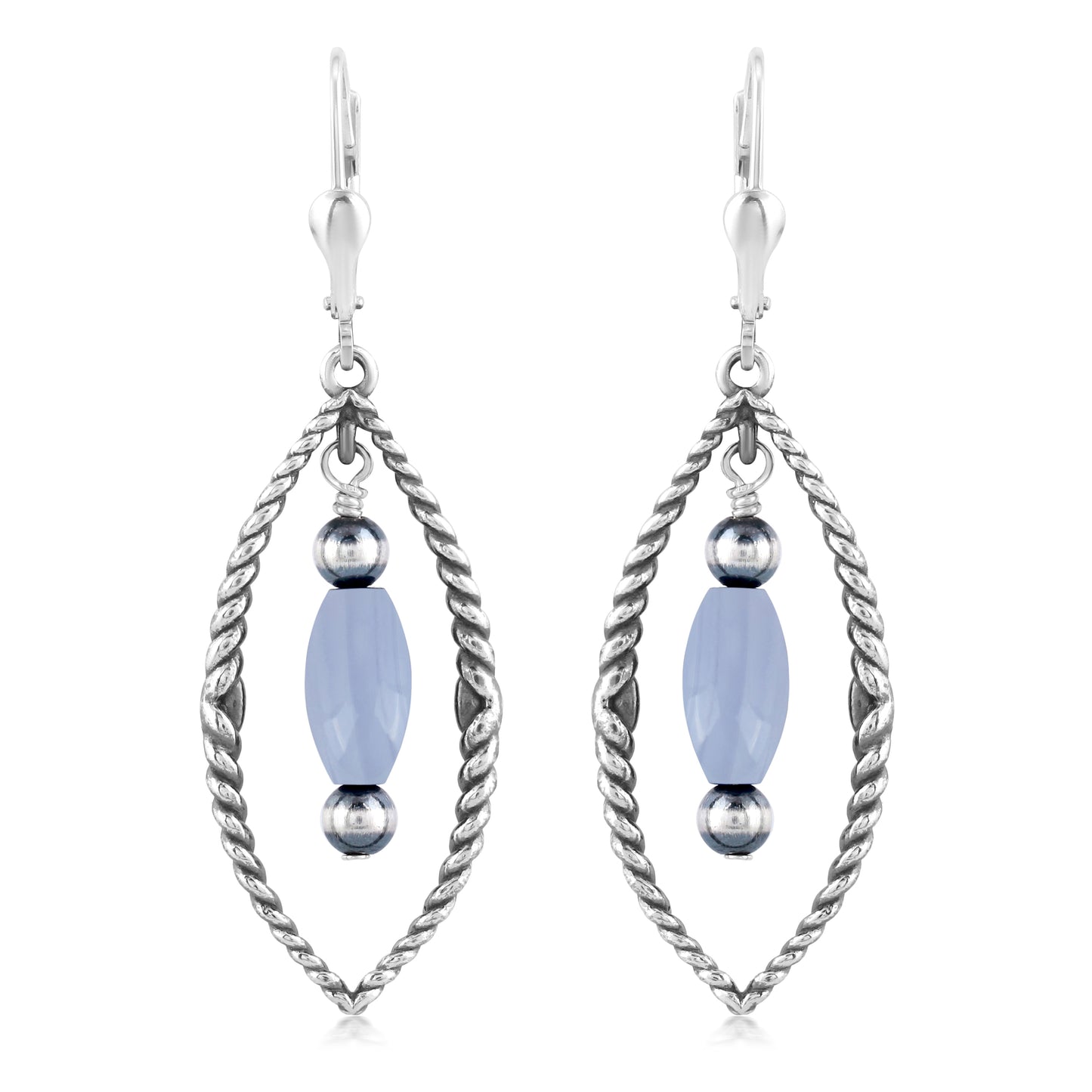 Sterling Silver Marquise Shape Blue Lace Agate Dangle Earrings 