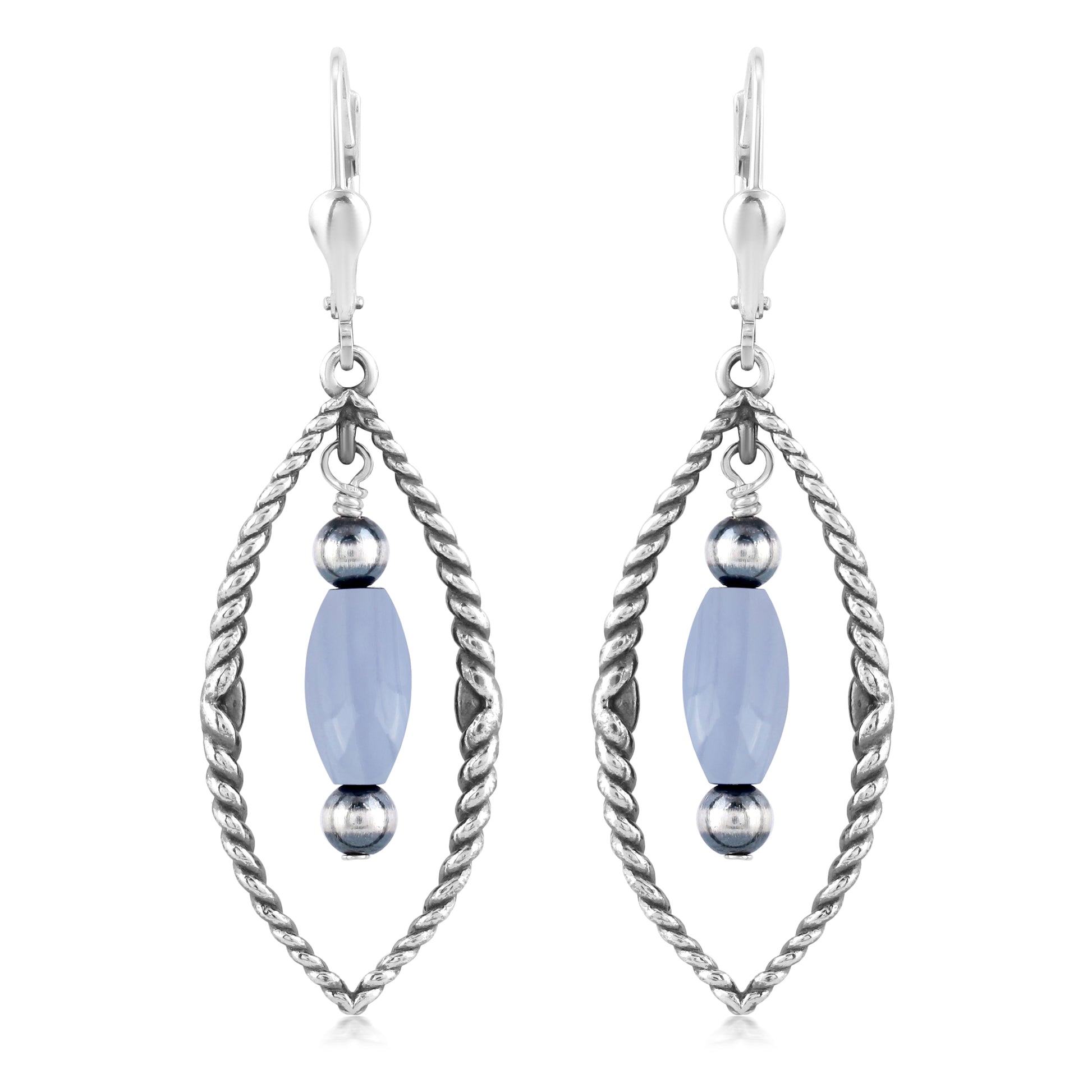 Sterling Silver Marquise Shape Blue Lace Agate Dangle Earrings 