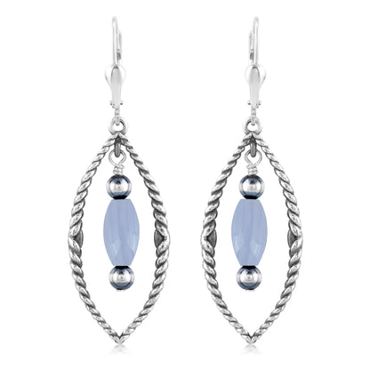 Sterling Silver Marquise Shape Blue Lace Agate Dangle Earrings 