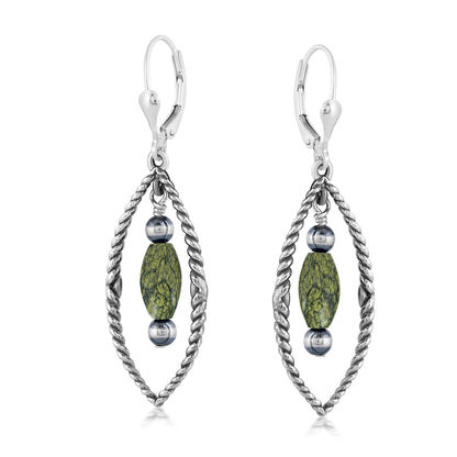 Sterling Silver Marquise Green Serpentine Dangle Earrings