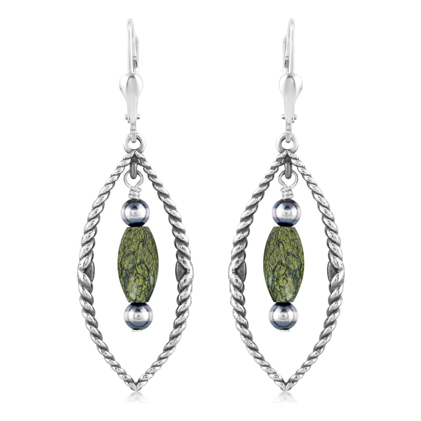 Sterling Silver Marquise Shape Green Serpentine Dangle Earrings 