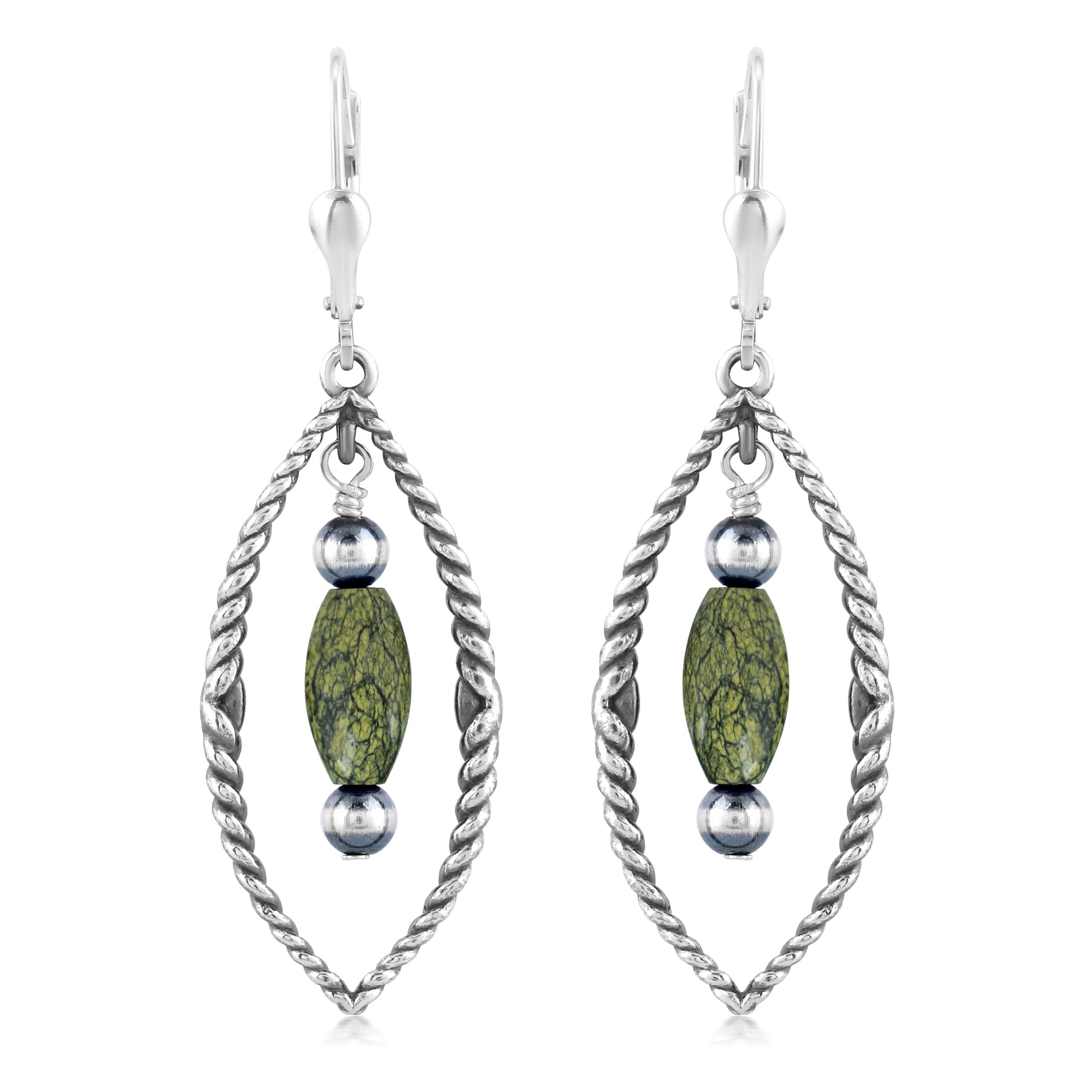 Sterling Silver Marquise Shape Green Serpentine Dangle Earrings 