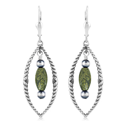 Sterling Silver Marquise Shape Green Serpentine Dangle Earrings 