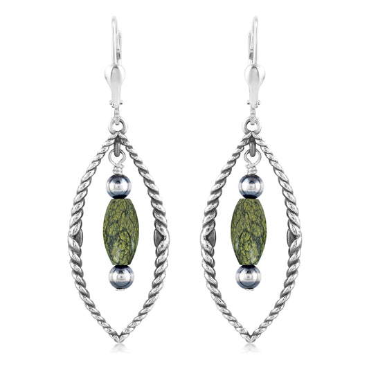 Sterling Silver Marquise Shape Green Serpentine Dangle Earrings 