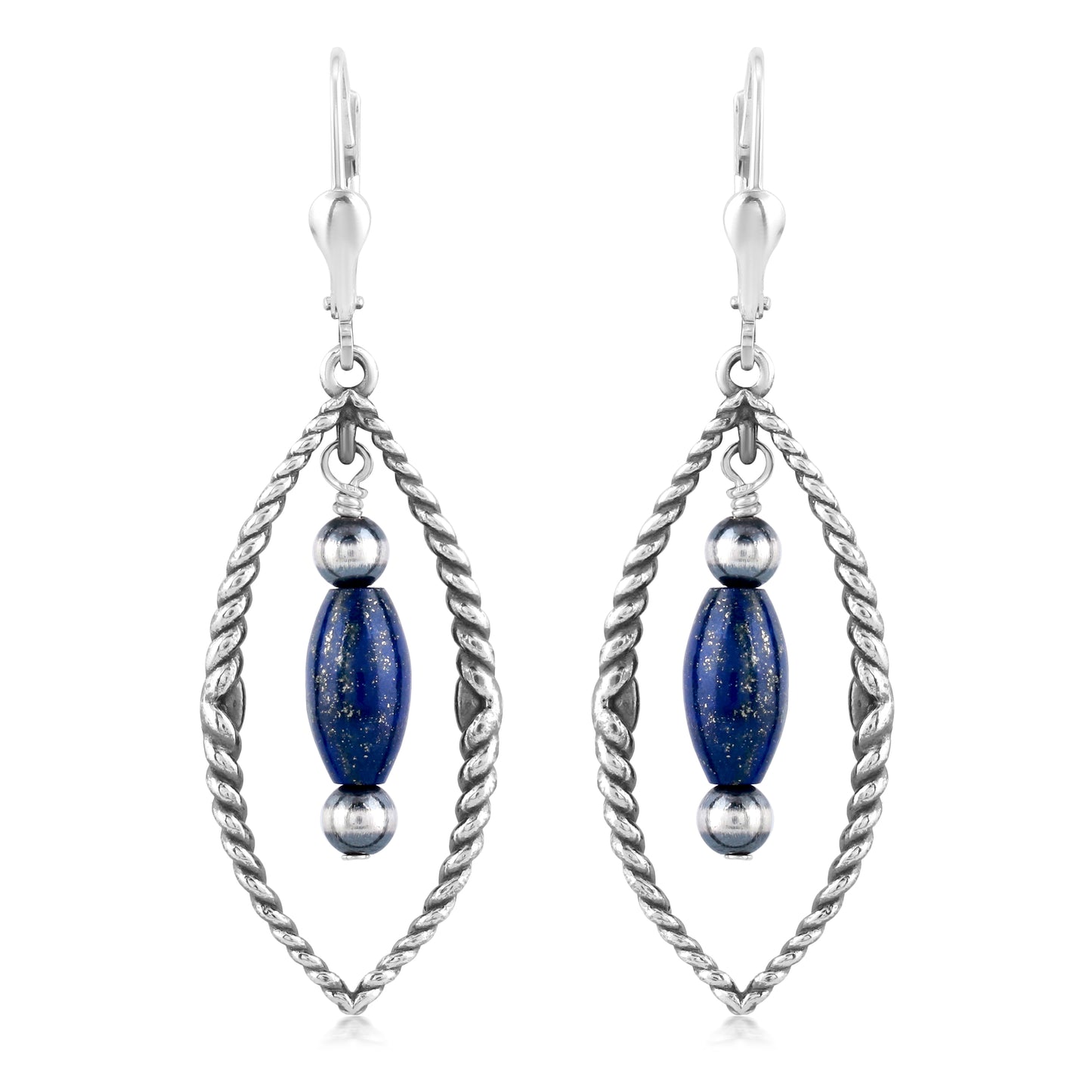 Sterling Silver Marquise Shape Lapis Dangle Earrings 