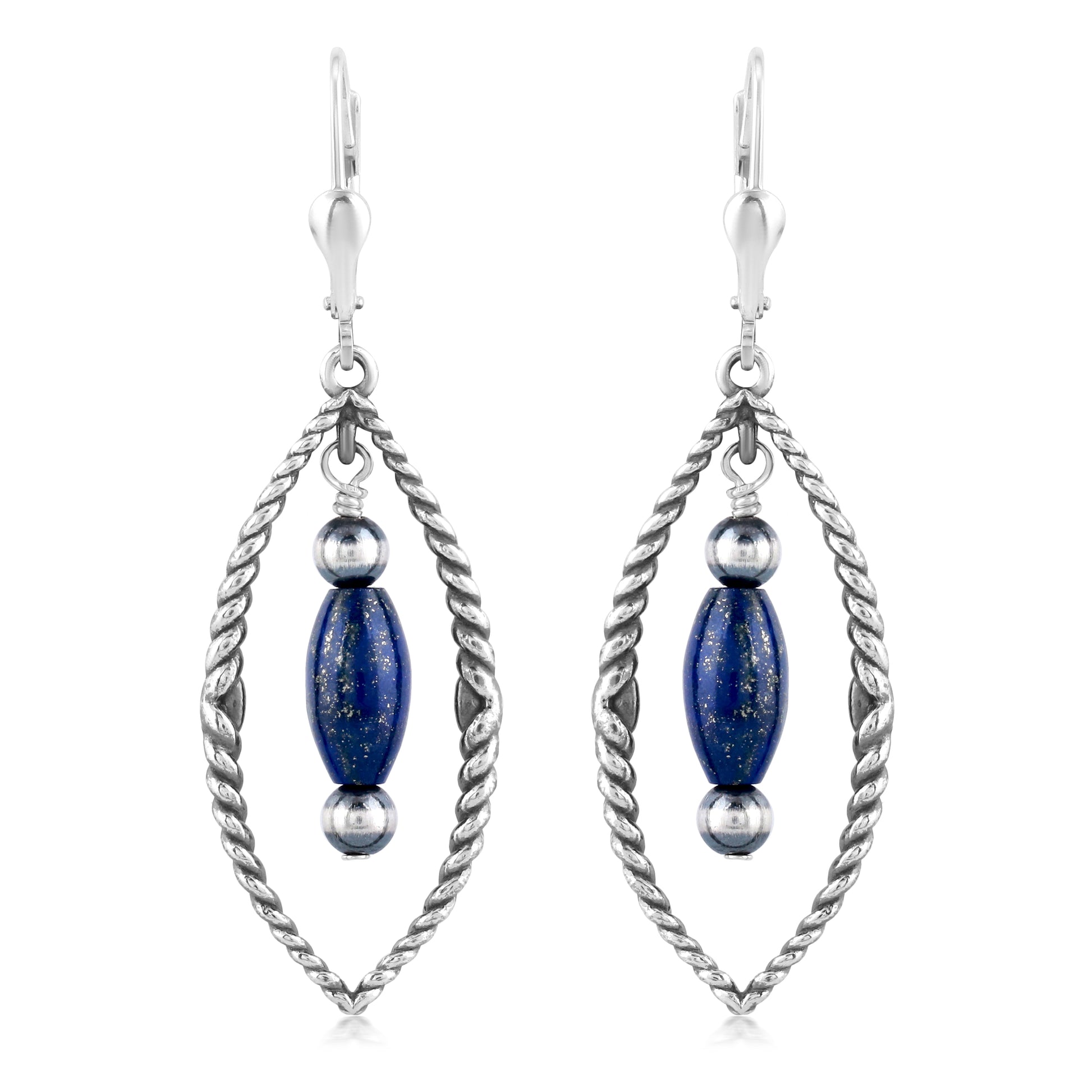 Sterling Silver Marquise Shape Lapis Dangle Earrings 