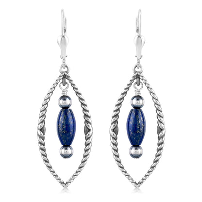 Sterling Silver Marquise Shape Lapis Dangle Earrings 