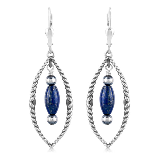 Sterling Silver Marquise Shape Lapis Dangle Earrings 