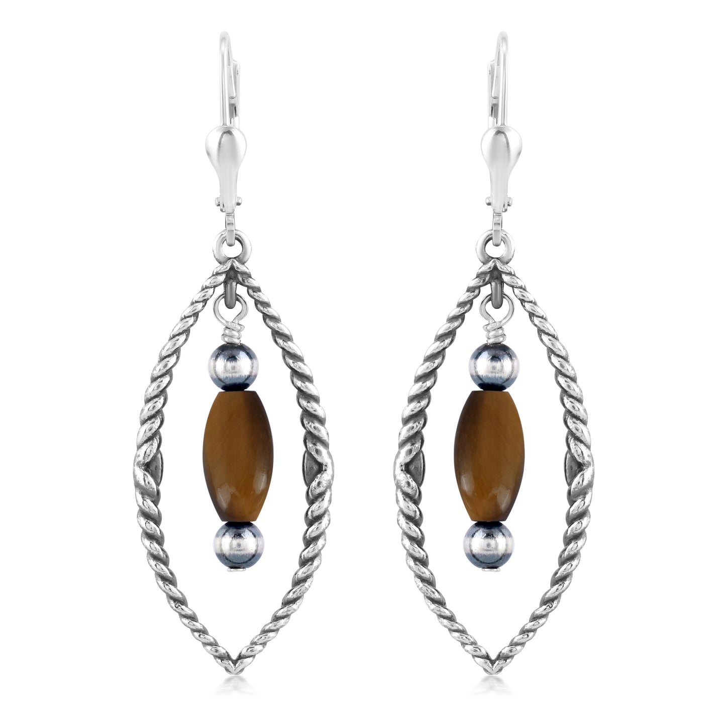 Sterling Silver Marquise Shape Tiger's Eye Dangle Earrings 