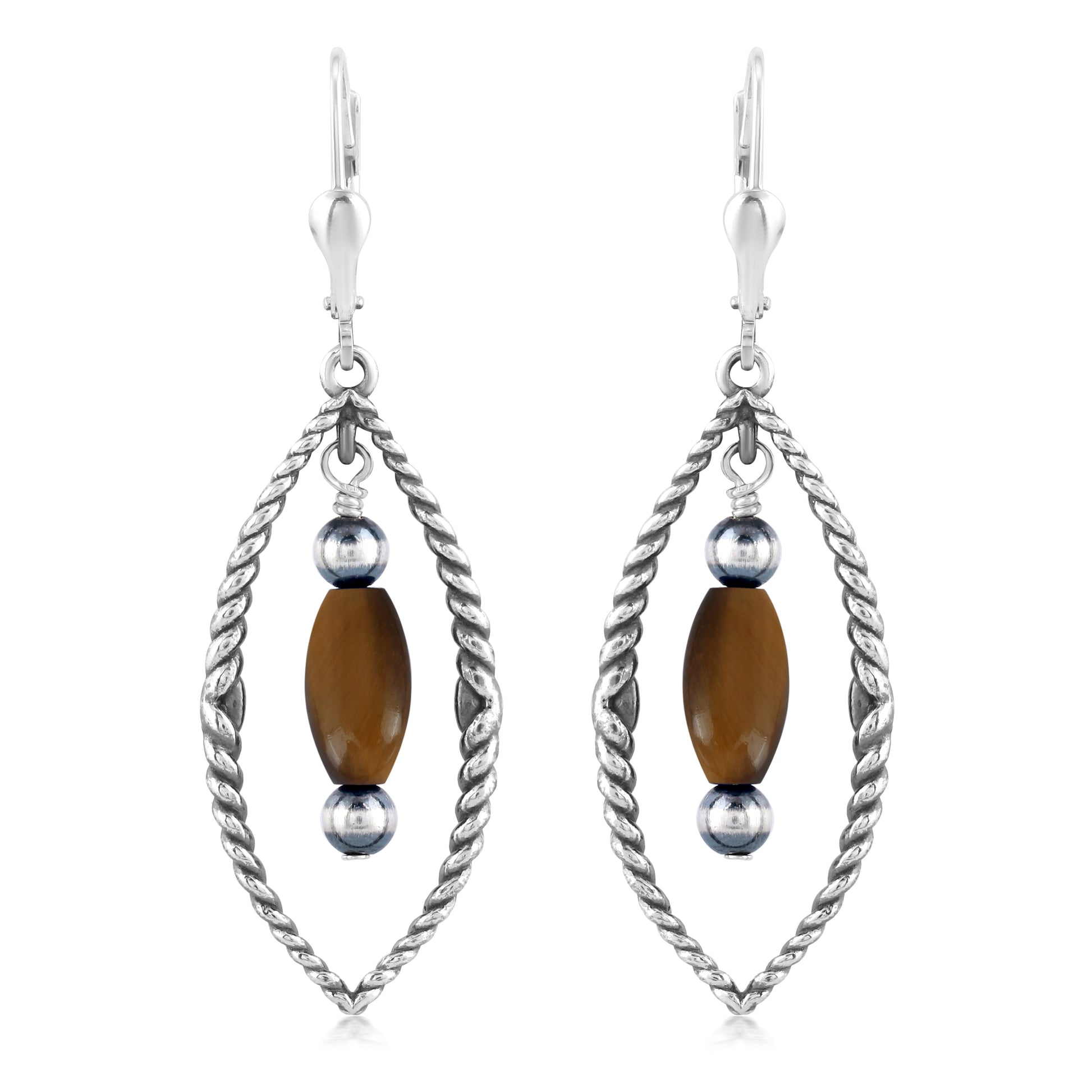 Sterling Silver Marquise Shape Tiger's Eye Dangle Earrings 