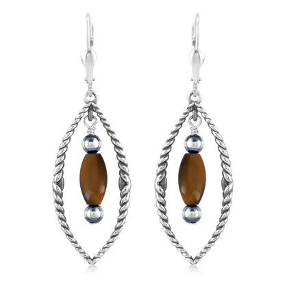 Sterling Silver Marquise Shape Tiger's Eye Dangle Earrings 