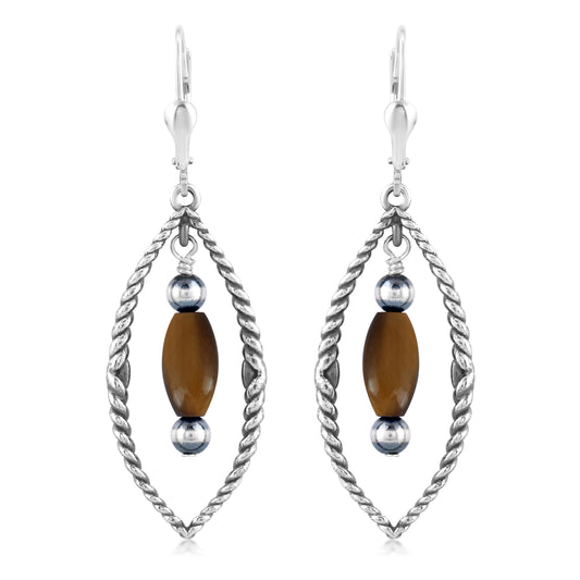 Sterling Silver Marquise Shape Tiger's Eye Dangle Earrings 