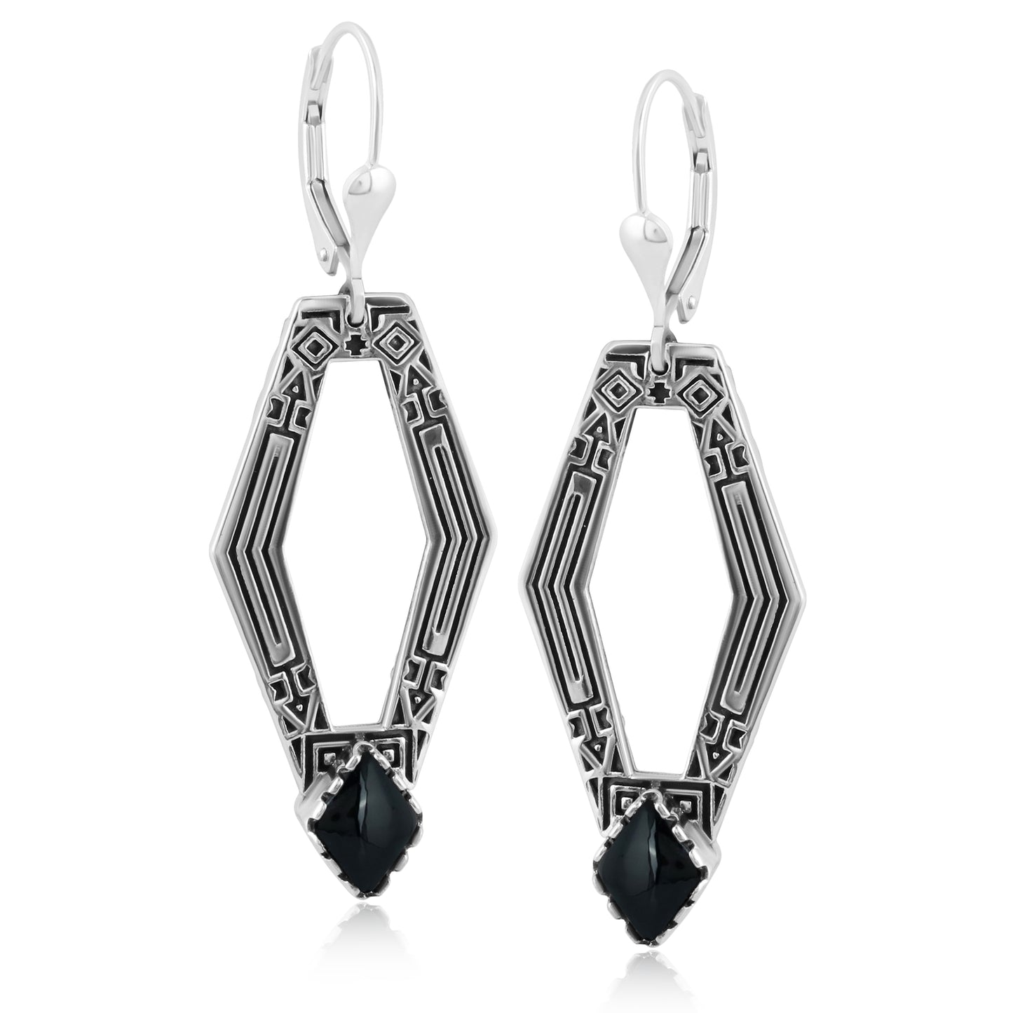 Sterling Silver Geometric Shape Black Agate Gemstone Lever Back Earrings