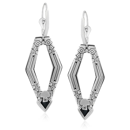 Sterling Silver Geometric Shape Black Agate Gemstone Lever Back Earrings