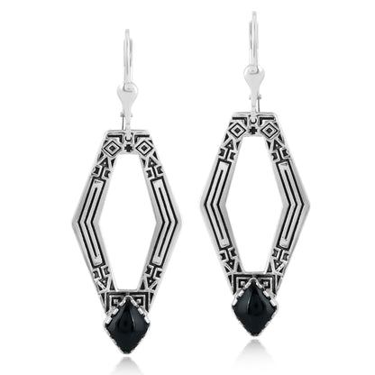 Sterling Silver Geometric Shape Black Agate Gemstone Lever Back Earrings