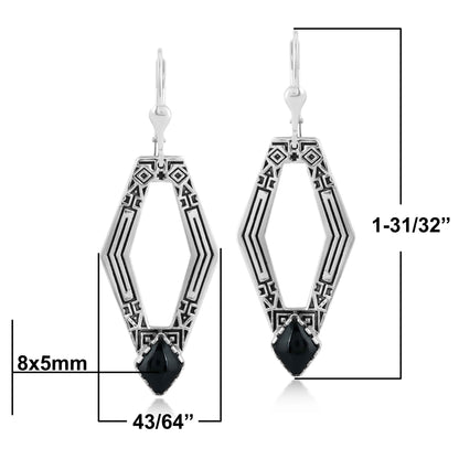 Sterling Silver Geometric Shape Black Agate Gemstone Lever Back Earrings