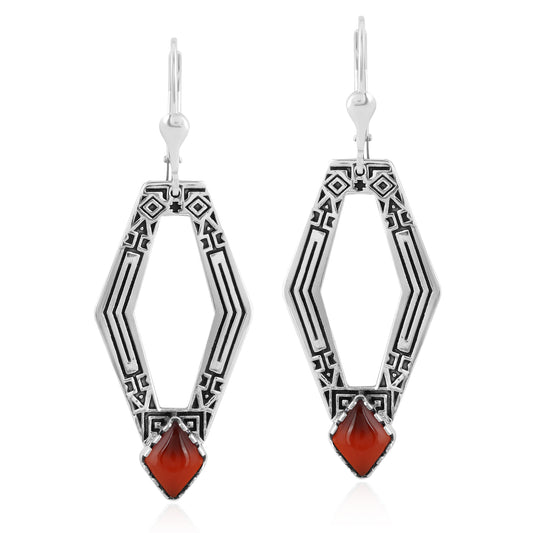 Sterling Silver Geometric Shape Red Agate Gemstone Lever Back Earrings