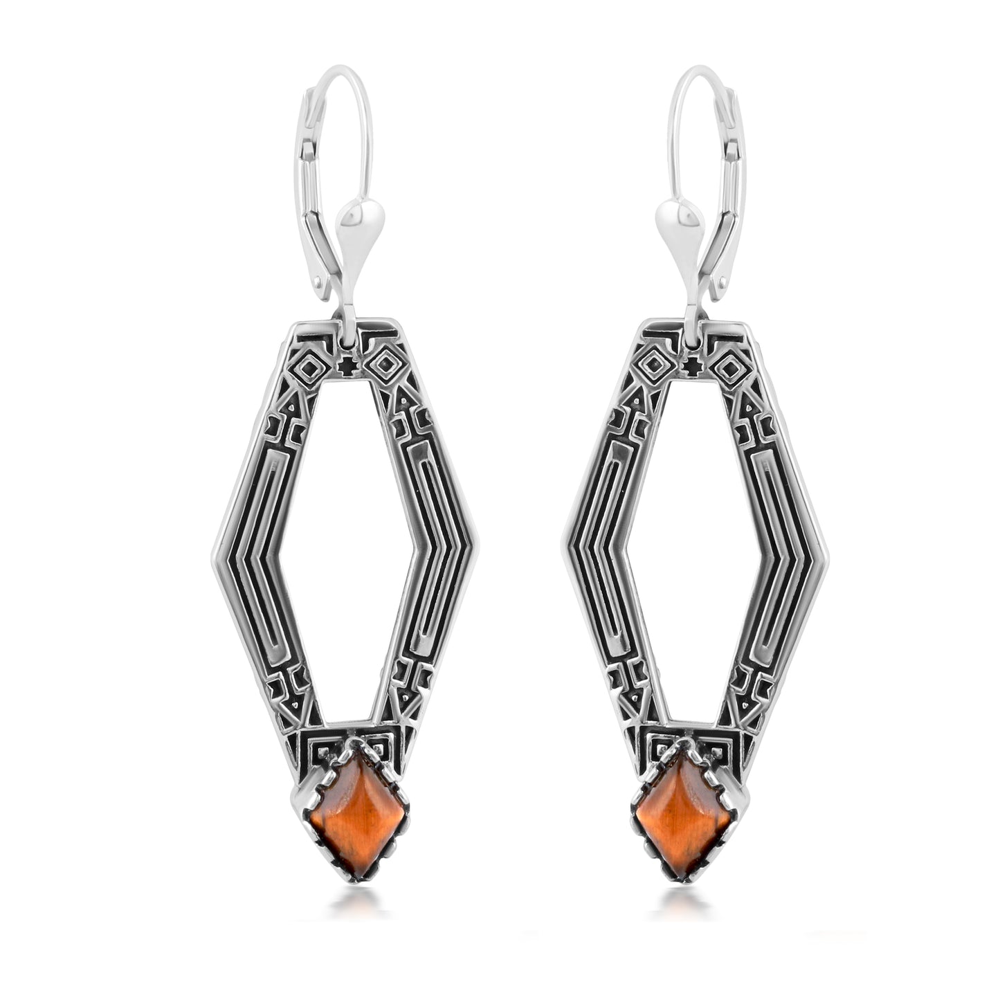 Sterling Silver Geometric Shape Tiger's Eye Gemstone Lever Back Earrings