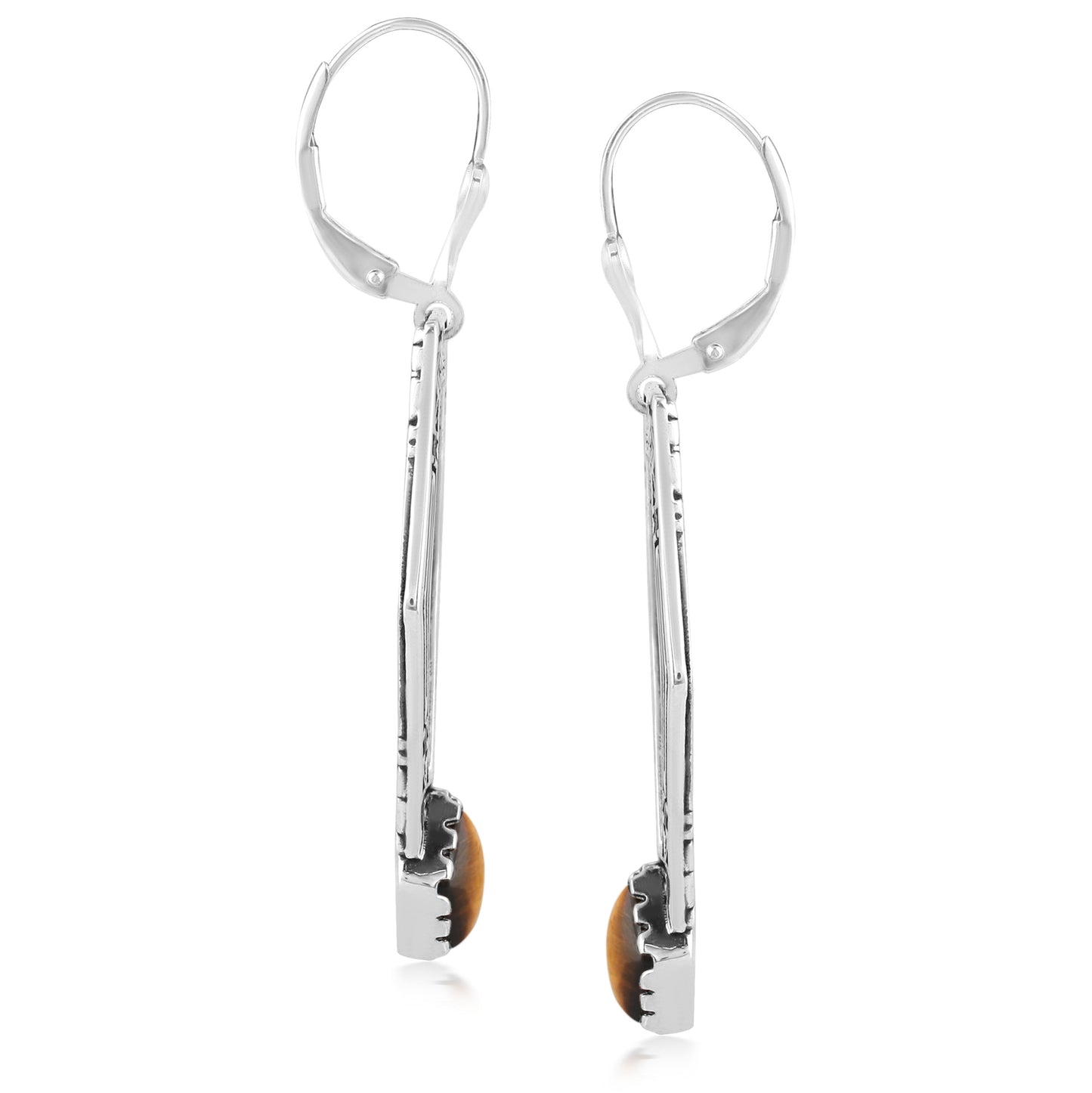 Sterling Silver Geometric Shape Tiger's Eye Gemstone Lever Back Earrings