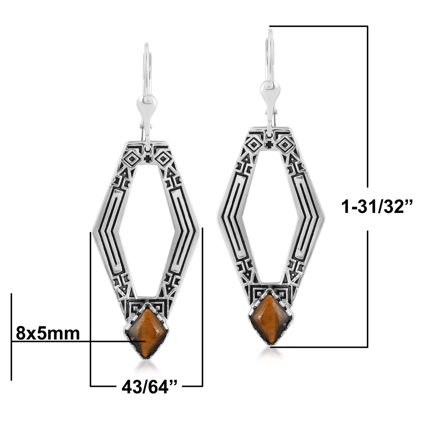 Sterling Silver Geometric Shape Tiger's Eye Gemstone Lever Back Earrings