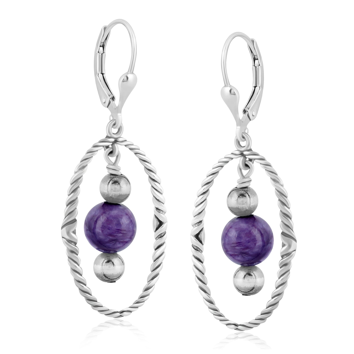 Southwestern Sterling Silver Rope and Charoite Bead Drop Earrings