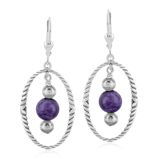 Southwestern Sterling Silver Rope and Charoite Bead Drop Earrings