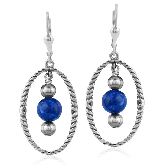 Southwestern Sterling Silver Rope and Lapis Bead Drop Earrings