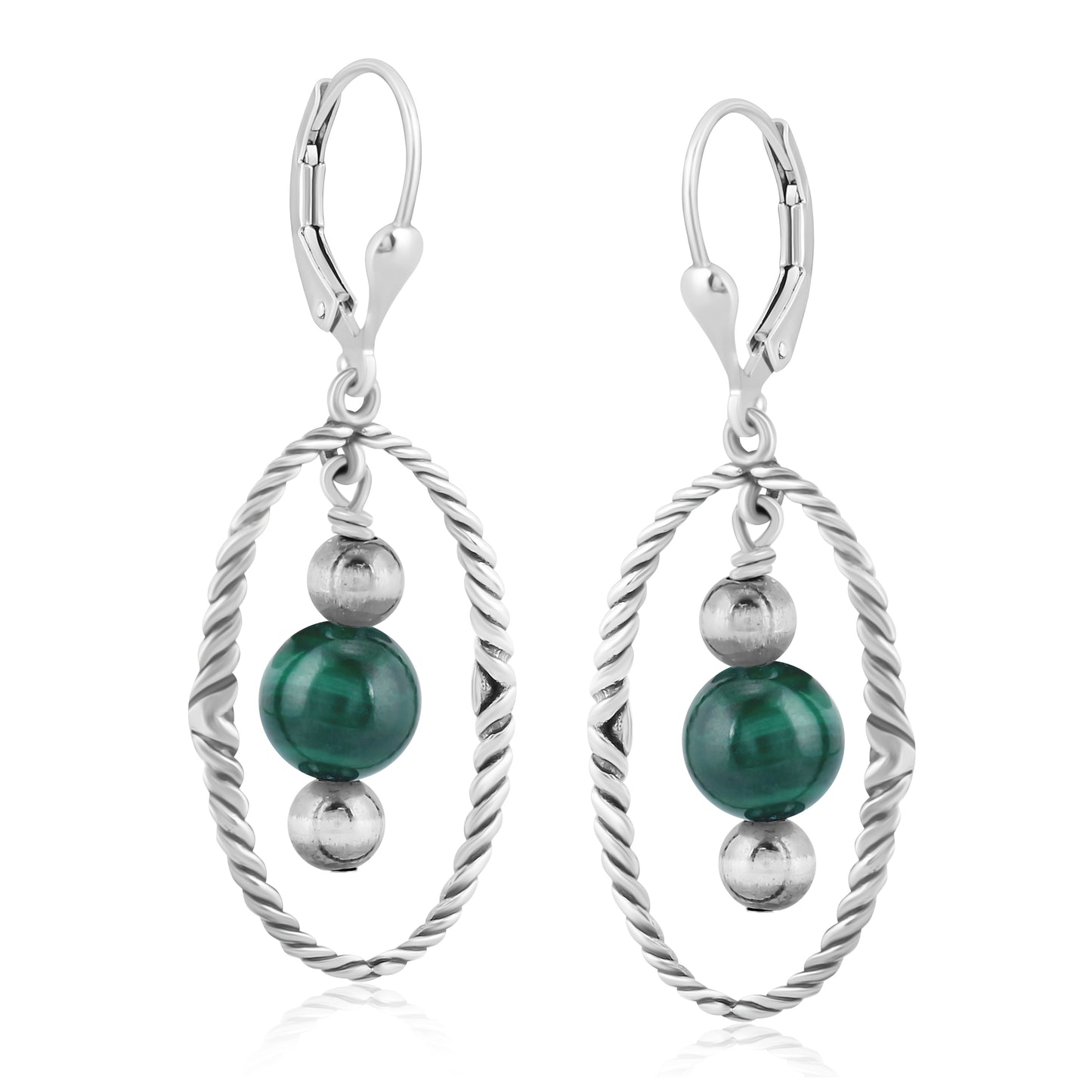 Southwestern Sterling Silver Rope and Malachite Bead Drop Earrings