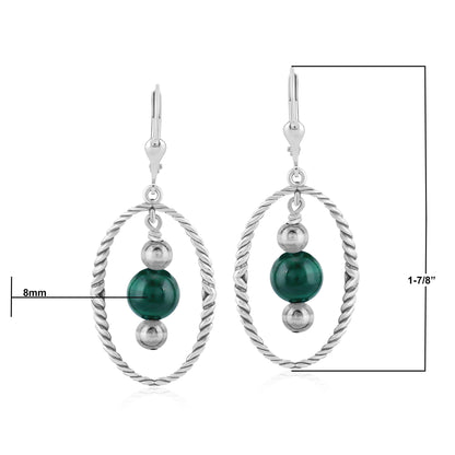 Southwestern Sterling Silver Rope and Malachite Bead Drop Earrings