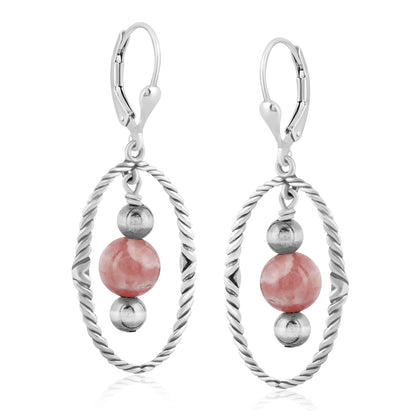 Southwestern Sterling Silver Rope and Rhodochrosite Bead Drop Earrings