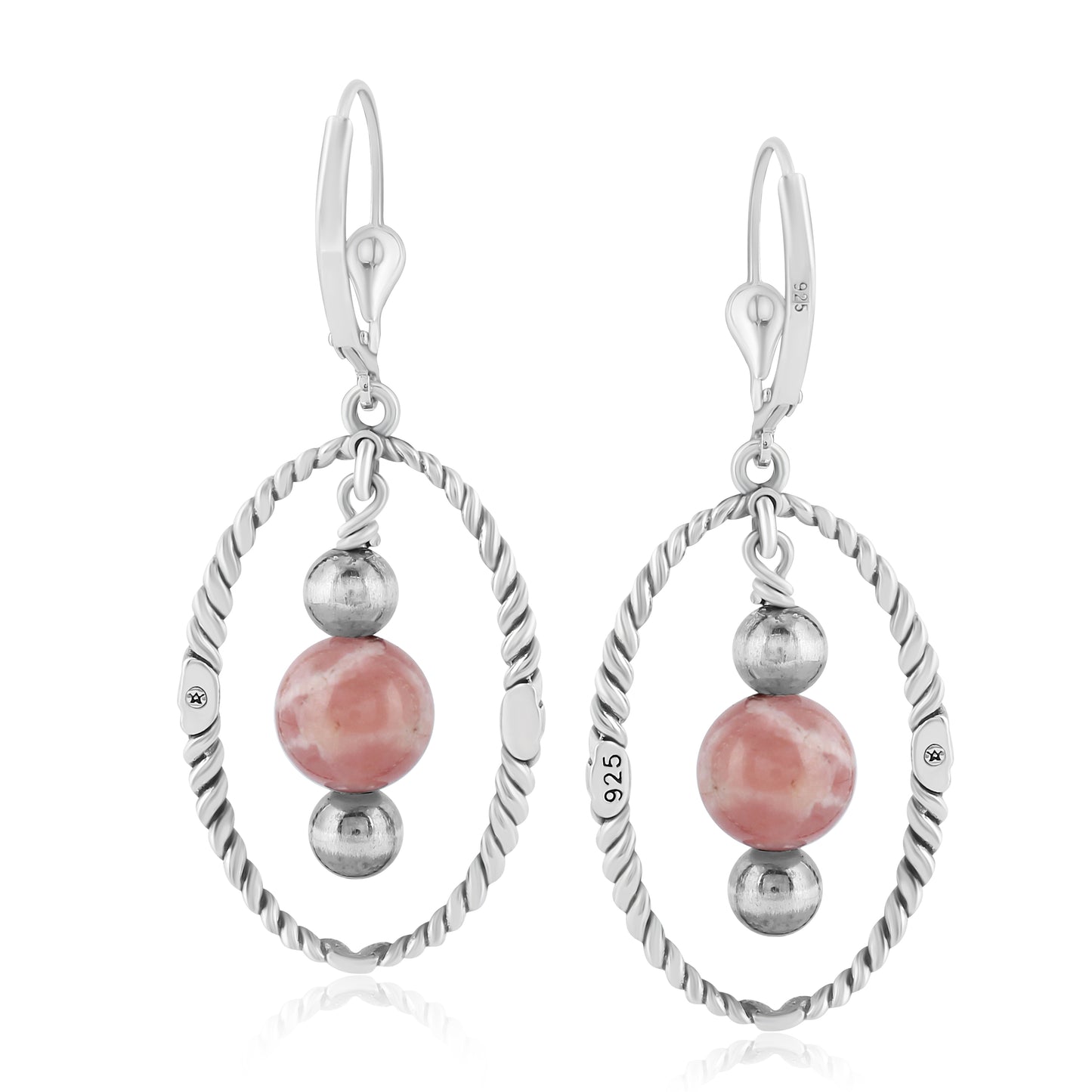 Southwestern Sterling Silver Rope and Rhodochrosite Bead Drop Earrings