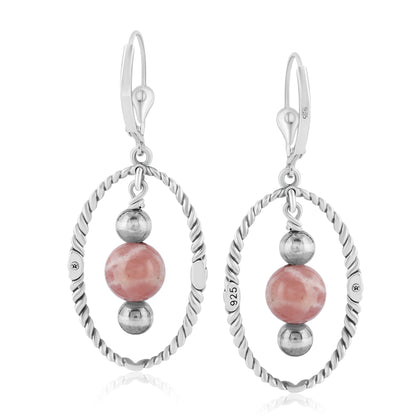 Southwestern Sterling Silver Rope and Rhodochrosite Bead Drop Earrings